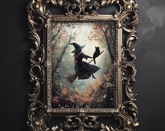 Witch and black cat flying in autumn forest print, Halloween dark academia witchy decor, vintage poster, witch printable witchy fall poster