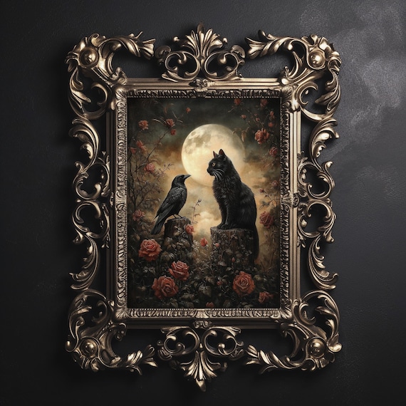 Floral raven black cat in moody forest print, crow portrait wall art, dark academia decor, raven printable, vintage poster, gothic painting