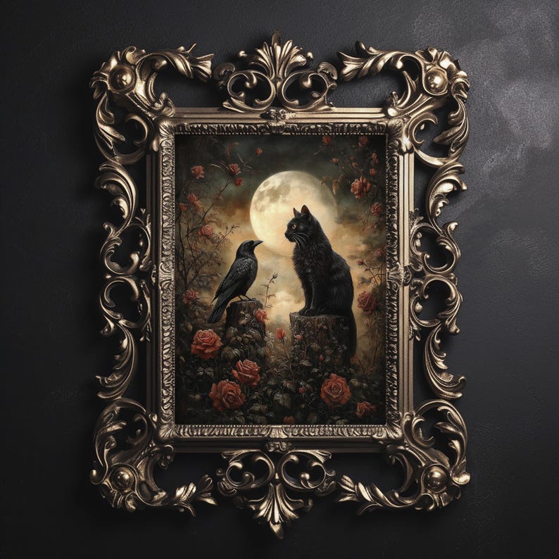 Floral raven black cat in moody forest print, crow portrait wall art, dark academia decor, raven printable, vintage poster, gothic painting