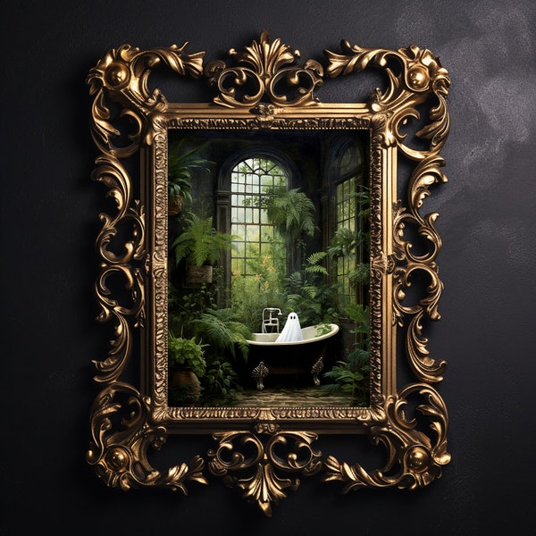 Le fantôme prend la baignoire, impression florale verte de salle de bains, intérieur de bain botanique, affiche vintage de décoration imprimable d'université sombre de cottagecore de baignoire