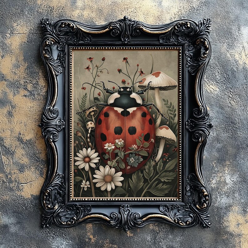 Ladybug in Dark Flower and Mushrooms Garden Print, Moody Bug Printable ...