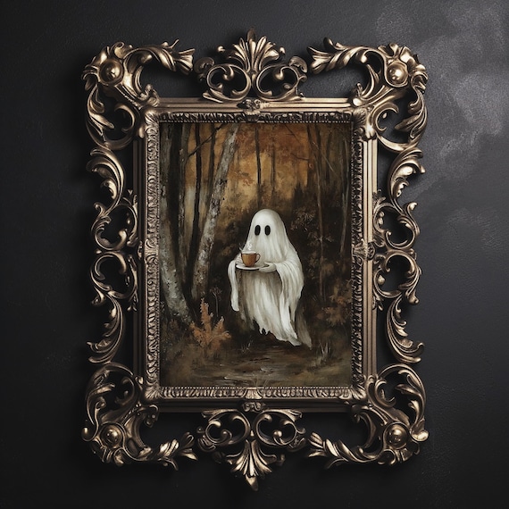 Ghost Drinking Coffee in Fall Forest Print, Ghost Tea Whimsical