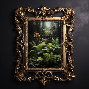 Helechos y setas del bosque profundo, estampado de pared de mal humor del bosque, decoración de la academia oscura, cartel vintage, pintura estética goblincore gótica