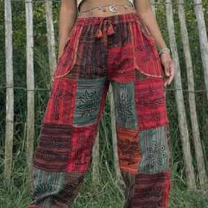 Boho Patchwork Trousers – Multicolour Festival Pants | Unisex Free Size | Handmade Hippie Pants from Nepal
