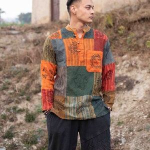 Cotton Shirt | Patched Design | Multi-coloured Blockprint Overdye Patchwork Stonewash Nepali Shirt | festival shirt | Hippie|