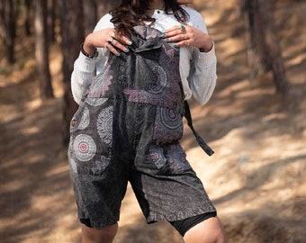 Boho Dungaree Shorts with Funky Pockets - Hippie Print Design - Free-Spirited Style