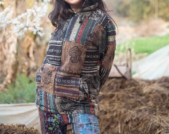 Unisex Winter Hippie Jacket| Patchwork | Patched Jacket With Inside Fleece | Handmade | Eco Friendly | Boho | Zipped Hoodie| Spiritual |