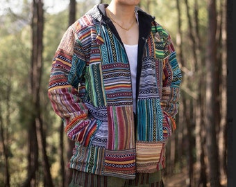 Mens Patchwork Fleece Lined Winter Jacket Boho Hippy Zipped Tops coat