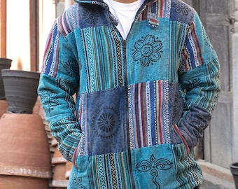 Mens Patchwork Fleece Lined Winter Jacket Boho Hippy Zipped Tops