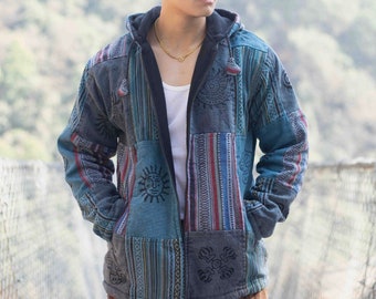 Mens Patchwork Fleece Lined Winter Jacket Boho Hippy Zipped Tops coat