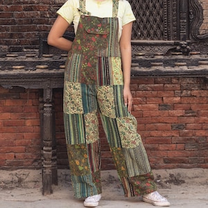Unisex Hippie Patchwork Straight Leg Cotton Overalls, Festival Jumper Cotton Dungarees One Size | 3 Adjutable Lengths