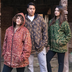 Handmade Yak Wool Jacket with Fleece Lining – Warm, Unisex Hooded Coat with Bohemian Patterns