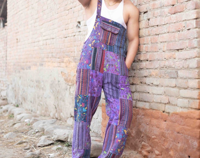 Hippie Patchwork Cotton Overalls: Festival Dungarees with Mushroom Print