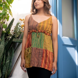 Katoenen patchwork hemd: stonewashed hippie boho-shirt