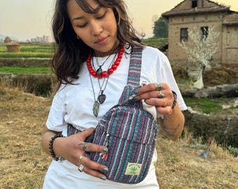 Handcrafted Pure Hemp Rasta Crossbody Bag - Unisex Chest & Waist Eco-Friendly Belt Accessory | Trendy Hemp Shoulder Bag for Men and Women