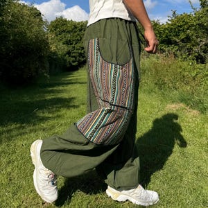 Handwoven Nepali Patchwork Cargo Pants, Stonewashed Cotton Boho Trousers