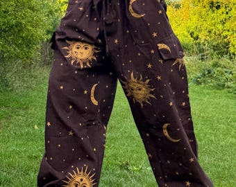 Sun & Moon Print Hippie Pants: Unisex Cotton Festival Trousers
