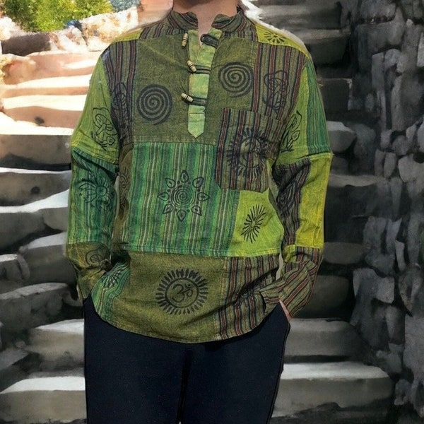 Baumwollhemd | Patchwork Muster | Mehrfarbiges Blockprint Overdye Patchwork Stonewash Nepali Shirt | Festival-Shirt | Hippie|