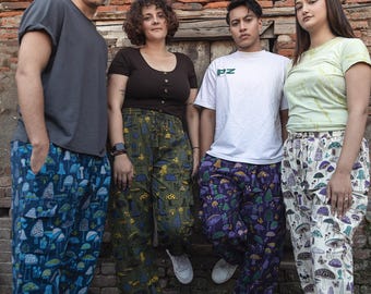 Mushroom Print Cotton Hippie Pants: Unisex Festival Yoga Trousers