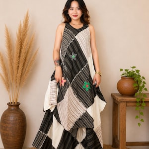 Conjunto de túnica y falda larga de algodón patchwork hecho a mano, estilo bohemio para festivales.