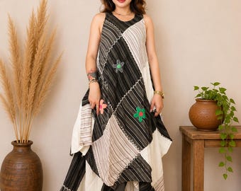 Handmade Patchwork Cotton Tunic Top and Maxi Skirt Set, Boho Festival Outfit