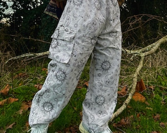 ポジャギ 100×75ホワイトリネン No.174 Unisex Hippie Pants | Sun & Moon Print Trouser| Cotton Pants