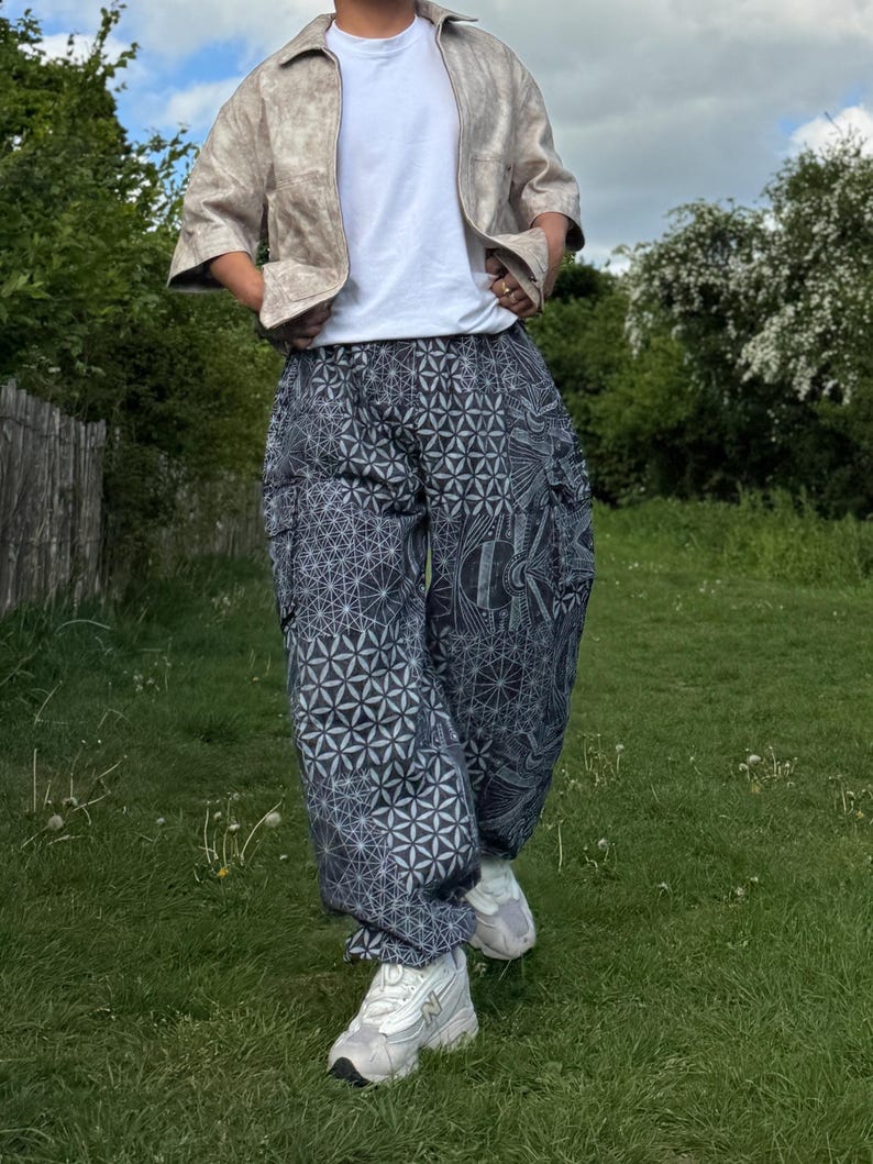 Psychedelic Geometric Cargo Pants: Fair Trade Festival Trousers Black