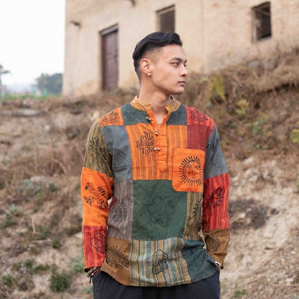 Katoenen overhemd | Gepatcht ontwerp | Veelkleurig Nepalees overhemd met overdye en patchwork met blokprint | festivalshirt | Hippie|