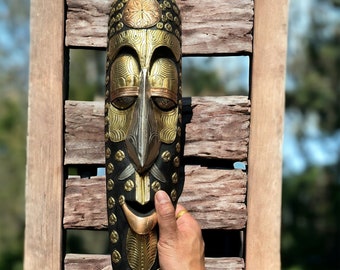 Handcrafted Brass and Wood Tribal Mask – African Art Wall Hanging