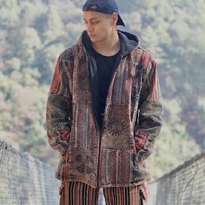 Unisex Winter Hippie Jacke Patchwork Gepatchte Jacke mit Innenfleece Festivaljacke Umweltfreundlich Boho Kapuzenpullover mit Reißverschluss Brown