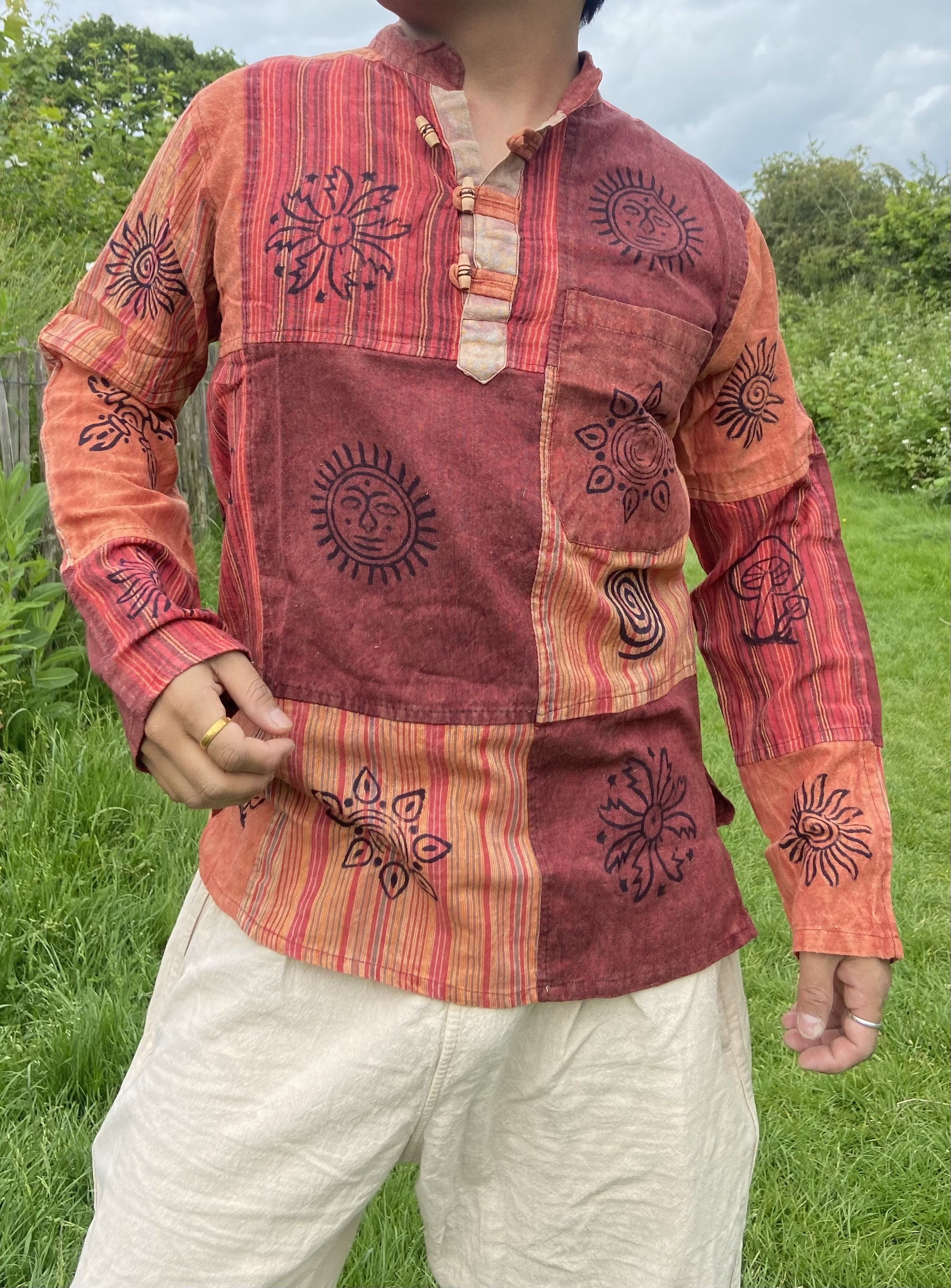 Handmade Cotton Patchwork Shirt: Nepali Blockprint Stonewash