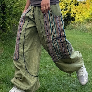 Boho Hippie Cargo Trousers Unisex – Festival Harem Pants with Woven Pockets – Baggy Fit, Handmade in Nepal