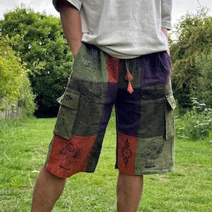 Shorts cargo de algodão com patchwork feito à mão: estilo hippie boho
