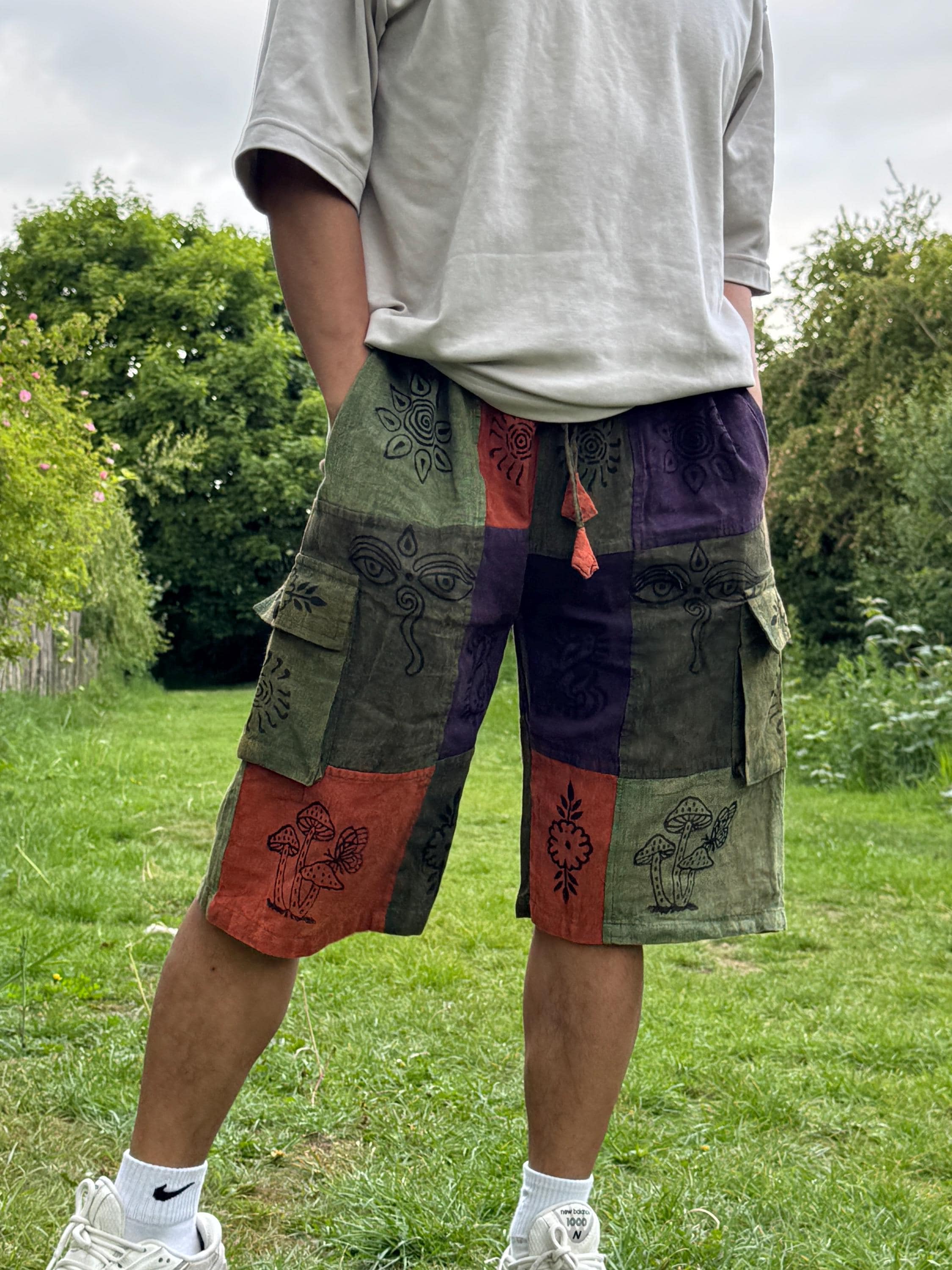 Handmade Patchwork Cotton Cargo Shorts: Hippie Bohemian Style