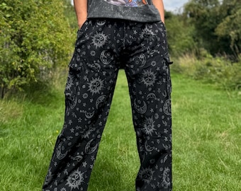 Sun & Moon Print Hippie Pants: Unisex Cotton Festival Trousers