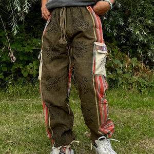 Handmade Himalayan Cotton Hippie Cargo Pants for Festivals and Everyday Wear - Eco-Friendly and Spiritual Printed Trousers