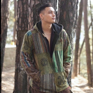 Veste hippie hiver unisexe Patchwork Veste à patchs avec intérieur en polaire Veste de festival Respectueux de l'environnement Bohème Sweat à capuche zippé Vert