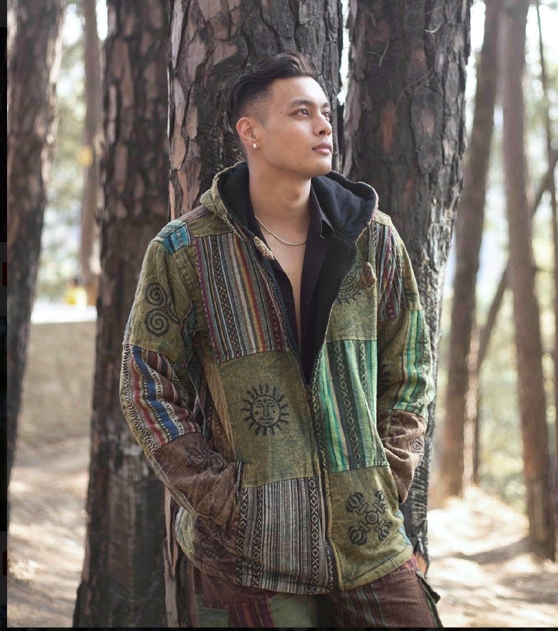 Veste hippie hiver unisexe Patchwork Veste à patchs avec intérieur en polaire Veste de festival Respectueux de l'environnement Bohème Sweat à capuche zippé Vert