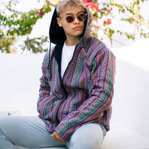 Unisex Eco-Friendly Aztec Print Fleece-Lined Hoodie Jacket Gheri Cotton Handmade in Nepal - Small Medium Large and X-Large Sizes Available