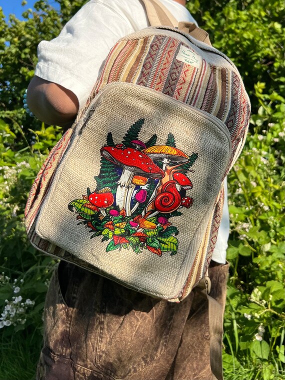 Handmade Mushroom Print Backpack: Hemp & Cotton Boho 