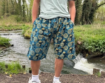 Mushroom Print Cotton Shorts: Handmade Hippie Festival Boho Pants