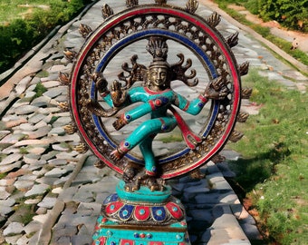 Elegant Brass Natraj Statue with Stonework - 12 Inches Large Size Dancing Shiva Nataraja Idol for Yoga Studio Decor