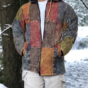 Veste hippie hiver unisexe Patchwork Veste à patchs avec intérieur en polaire Veste de festival Respectueux de l'environnement Bohème Sweat à capuche zippé No Stamps