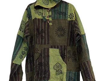 Cotton Hoodie Shirt | patched | Multicoloured Blockprint Overdye Patchwork Stonewash Nepali Shirt | festival shirt | Hippie| Eco friendly