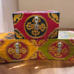Handmade Tibetan Traditional Rectangular Box With Thangka & Turquoise Colour, Stone Setting , Made in NepalHome Decor
