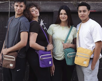 Handmade Cotton Crossbody Bag with Adjustable Strap and Three Zip Compartments