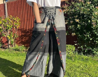 Hippie Trousers |High Waisted Wide Leg Pants | Festival trouser | Embroidery butterfly trouser | Handmade | Cotton Trouser