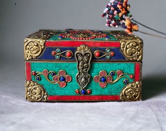 Handmade Tibetan Traditional Rectangular Box With Thangka & Turquoise Colour, Stone Setting , Made in NepalHome Decor