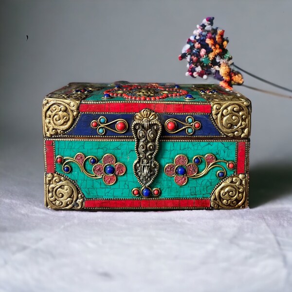 Handmade Tibetan Traditional Rectangular Box With Thangka & Turquoise Colour, Stone Setting , Made in NepalHome Decor