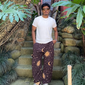 Sun & Moon Print Hippie Pants: Unisex Cotton Festival Trousers
